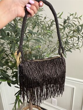 Made in India Dark Brown beaded fringe shoulder bag with gold hardware